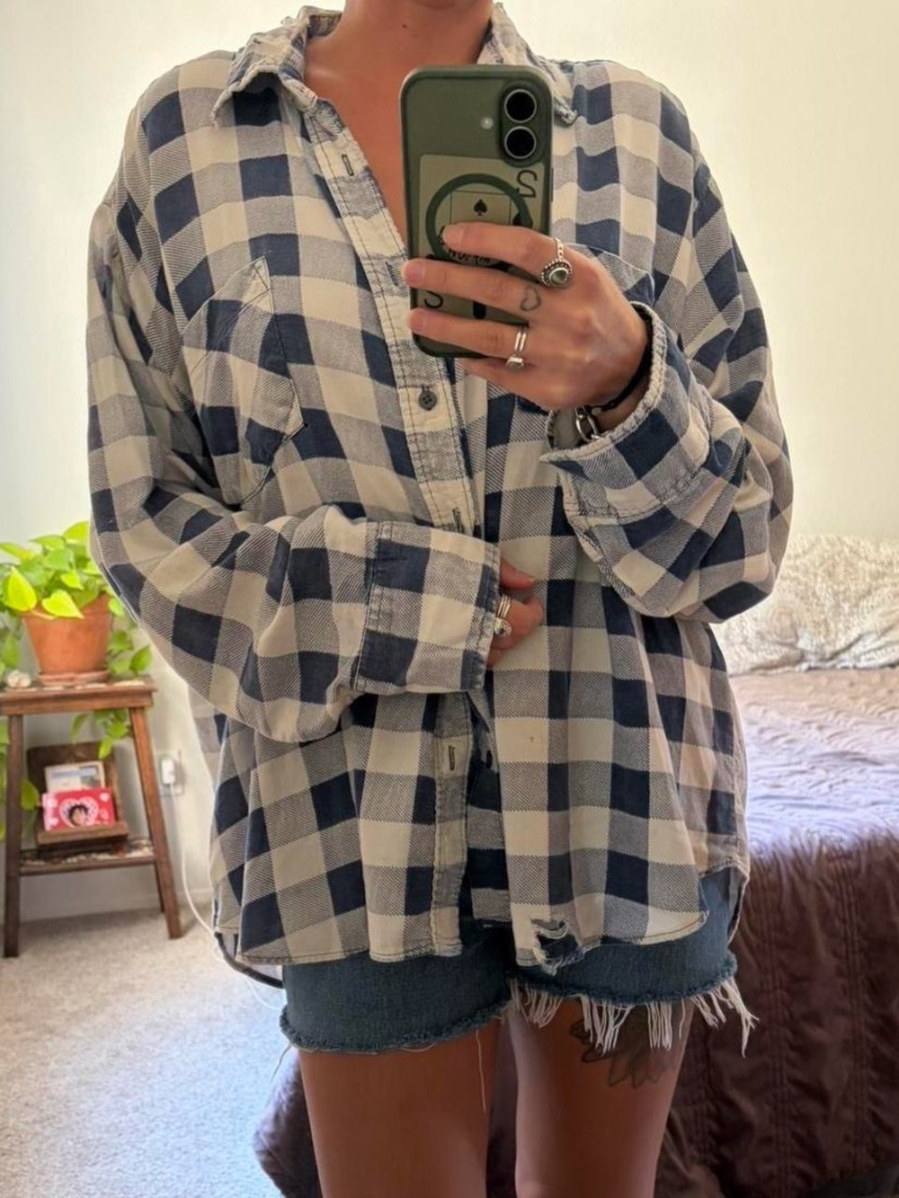 Distressed Blue and White Plaid Button-Up Shirt - Picture 2 of 3